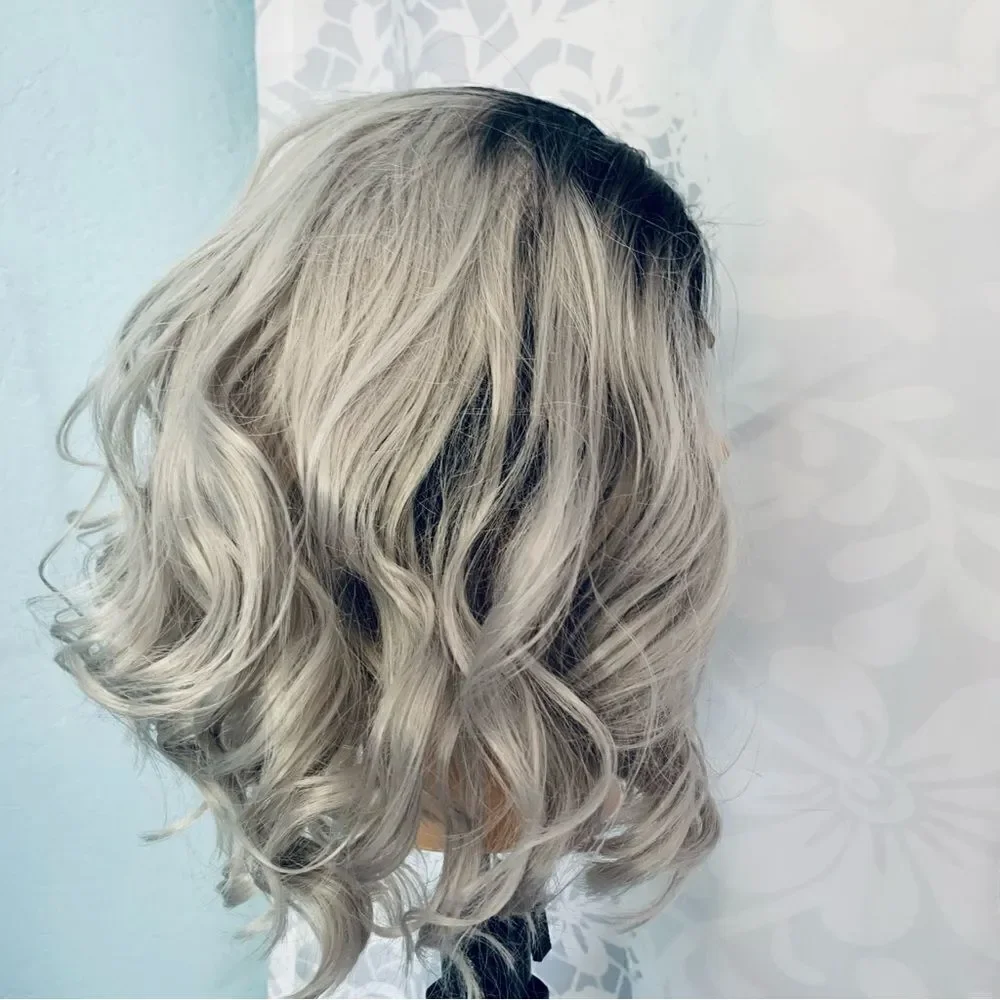 Silver Gray with Dark Roots Lace Front Heat Friendly Synthetic Wig Size Average